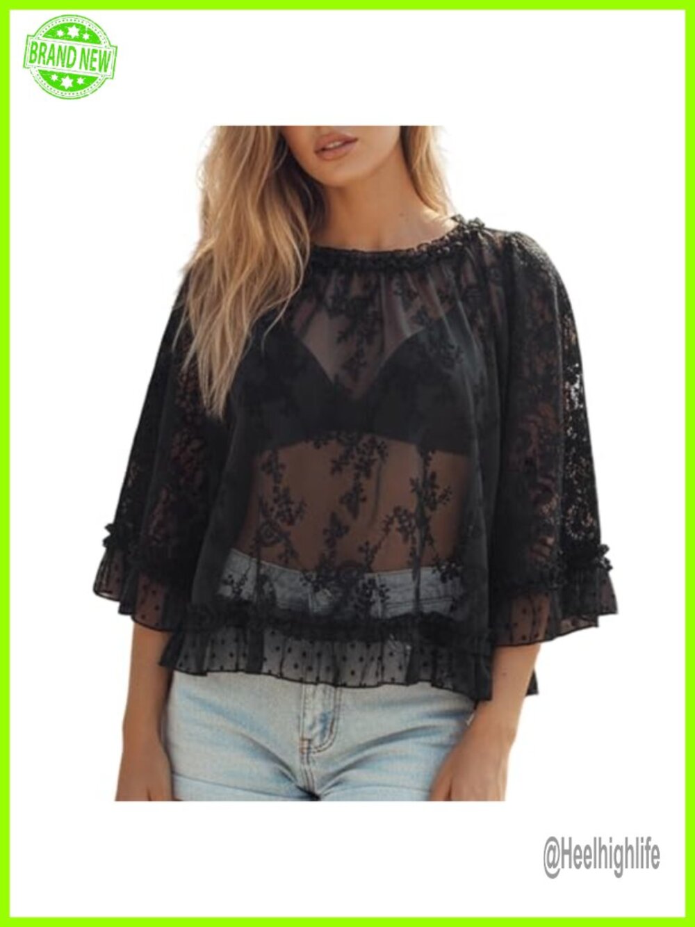 Boho Ruffle Sheer Lace Flowy Blouson Long Sleeve Top